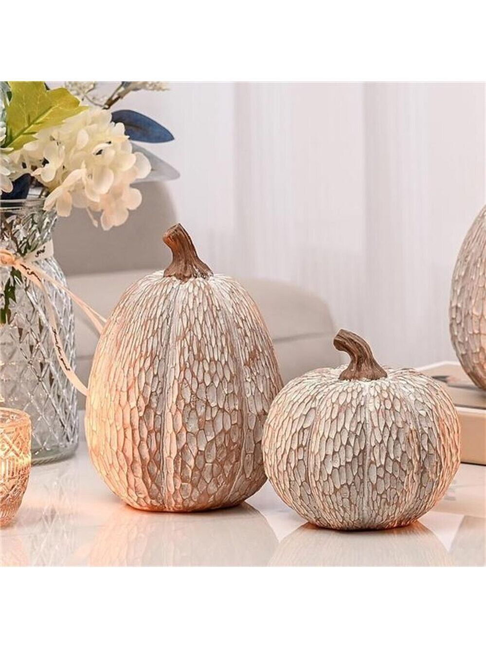 Artificial Pumpkin Decor Set of 2 White Brown Resin Pumpkins Fall Thanksgiving